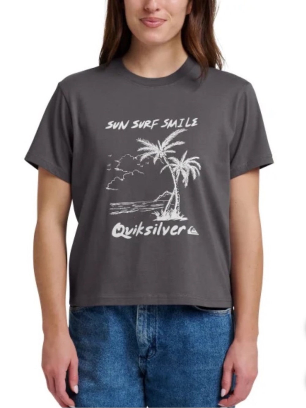 ☀️Quiksilver Graphic Tee Grey and White Sun Surf Smiles Medium